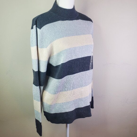KAREN SCOTT Womens Gray Color Block Stripe Turtleneck XL - Picture 1 of 10